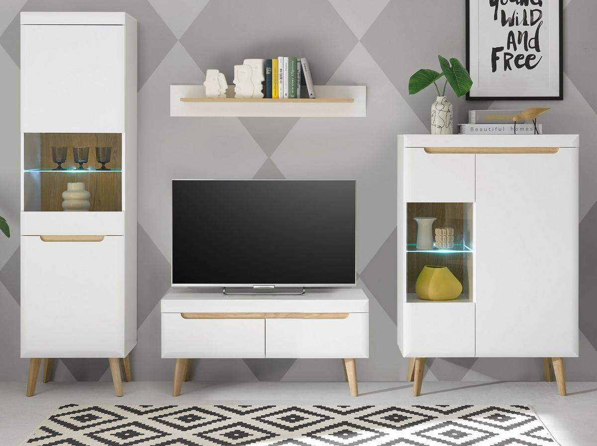 WOHNWAND 4-teilig weiß matt, Eiche, skandinavisch 290 cm, Wohnkombination mit Soft-Close-Funktion - Eichefarben/Weiß, Glas/Holz (290/197/40cm) - Furn.Design