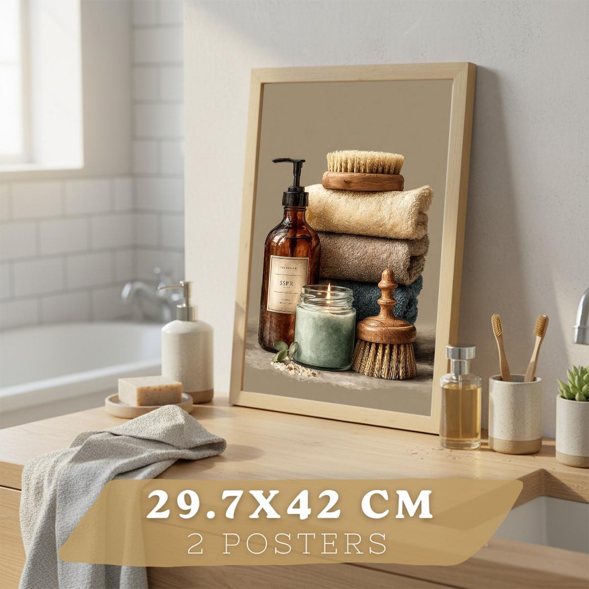 POSTER 2er-Set dekorative Badezimmer-Wandbilder und für Waschbecken, Dusche, WC mit Seifen, Handtüchern und Bürsten, Naturstil Leichter Holzrahmen A3 - Beige, Papier (42/29.7/3cm) - Nacnic