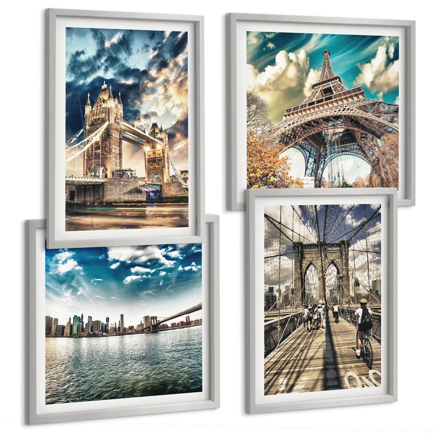 BILDER SET 4er Set - 50x50 cm & 40x60 cm Silberner Rahmen - Turmbrücken in europäischen Städten - Silberfarben, Kunststoff (50/50cm) - TULUP