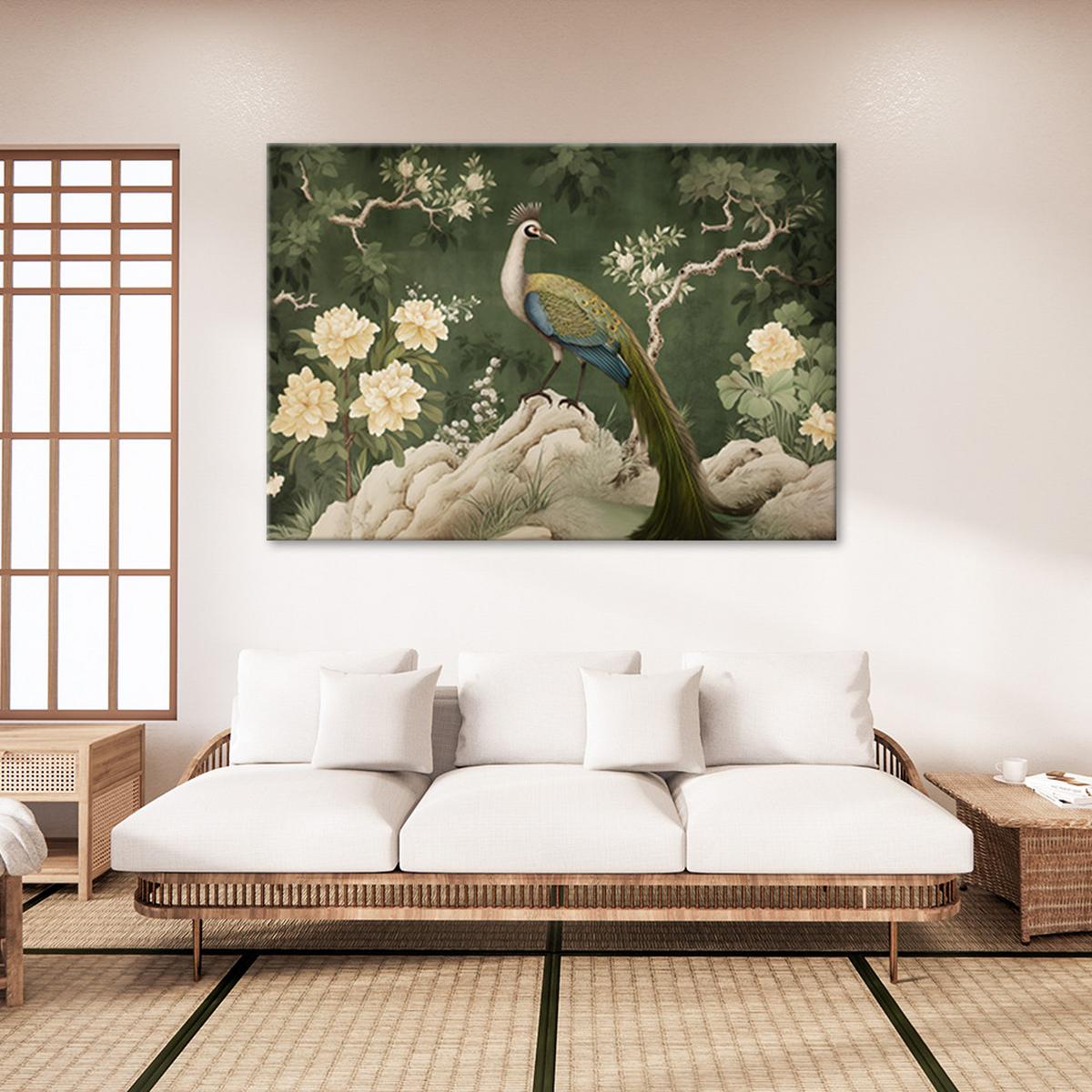 LEINWANDBILD Orientalischer Pfau grün 100x70cm - Grün, Textil (100/70cm) - Feeby