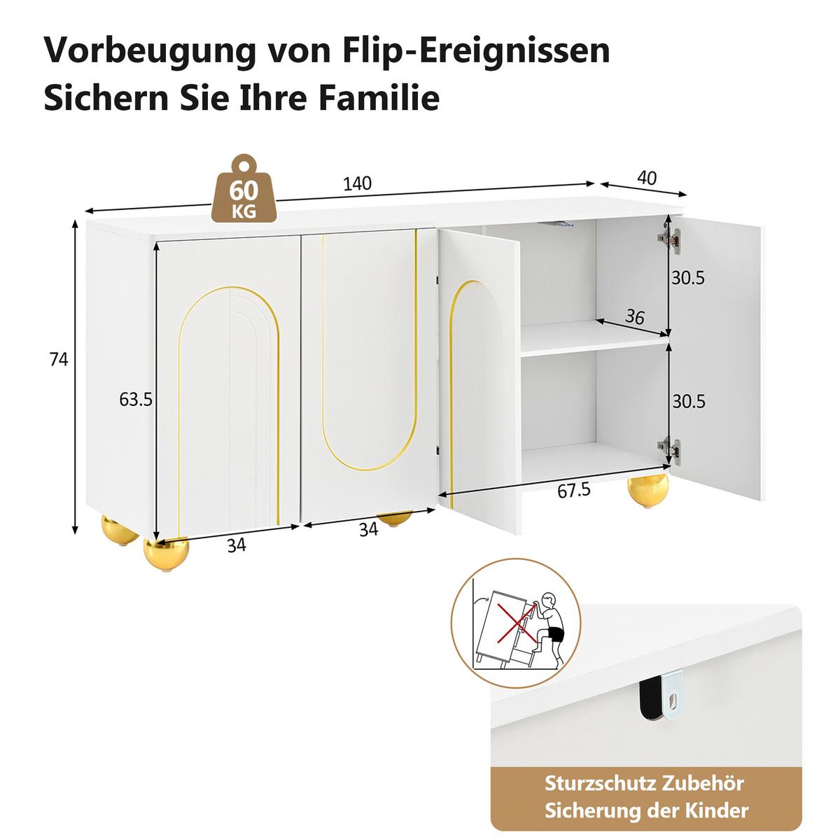 SIDEBOARD Weiß 140cm mit 4 Türen Gold-Bogen-Dekor & Kugelfüßen - Weiß, Holzwerkstoff (140/74/40cm) - Urban Meuble