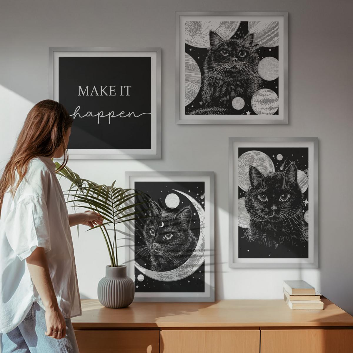 BILDER SET 4er Set - 50x50 cm & 40x60 cm Silberner Rahmen - Schwarze Katzen, Mond, Planet - Silberfarben, Kunststoff (50/50cm) - TULUP