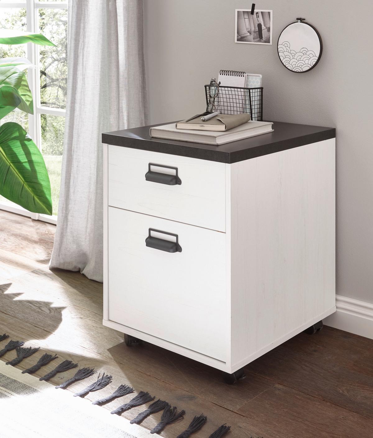BÜROMÖBEL-SET weiß Pinie, anthrazit Landhaus, Kombination mit Rollcontainer - Anthrazit/Weiß, Holz/Metall (60/165/76cm) - Furn.Design