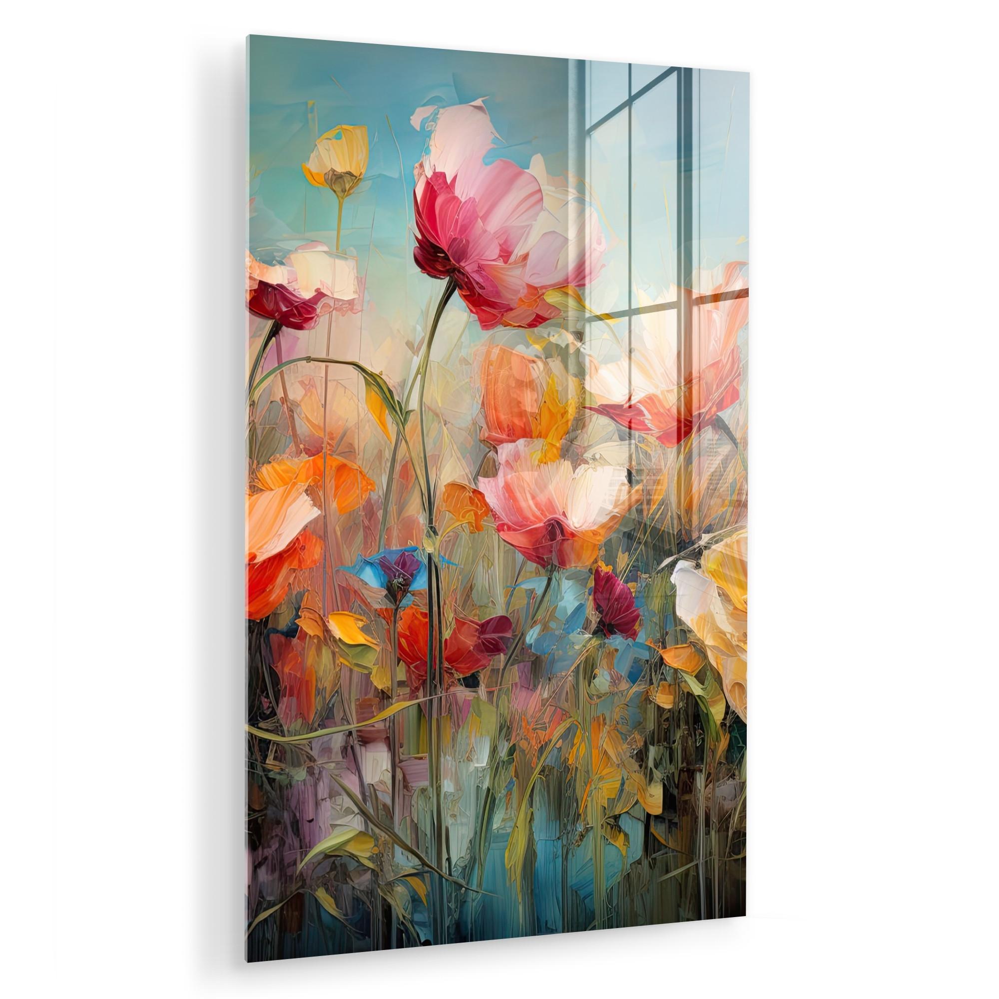 ACRYLGLASBILD Blumen - Aquarell - Kunst - Botanisch - Natur Wanddeko Wohnzimmer 40x60 cm - Orange, Glas (40/60cm) - MuchoWow