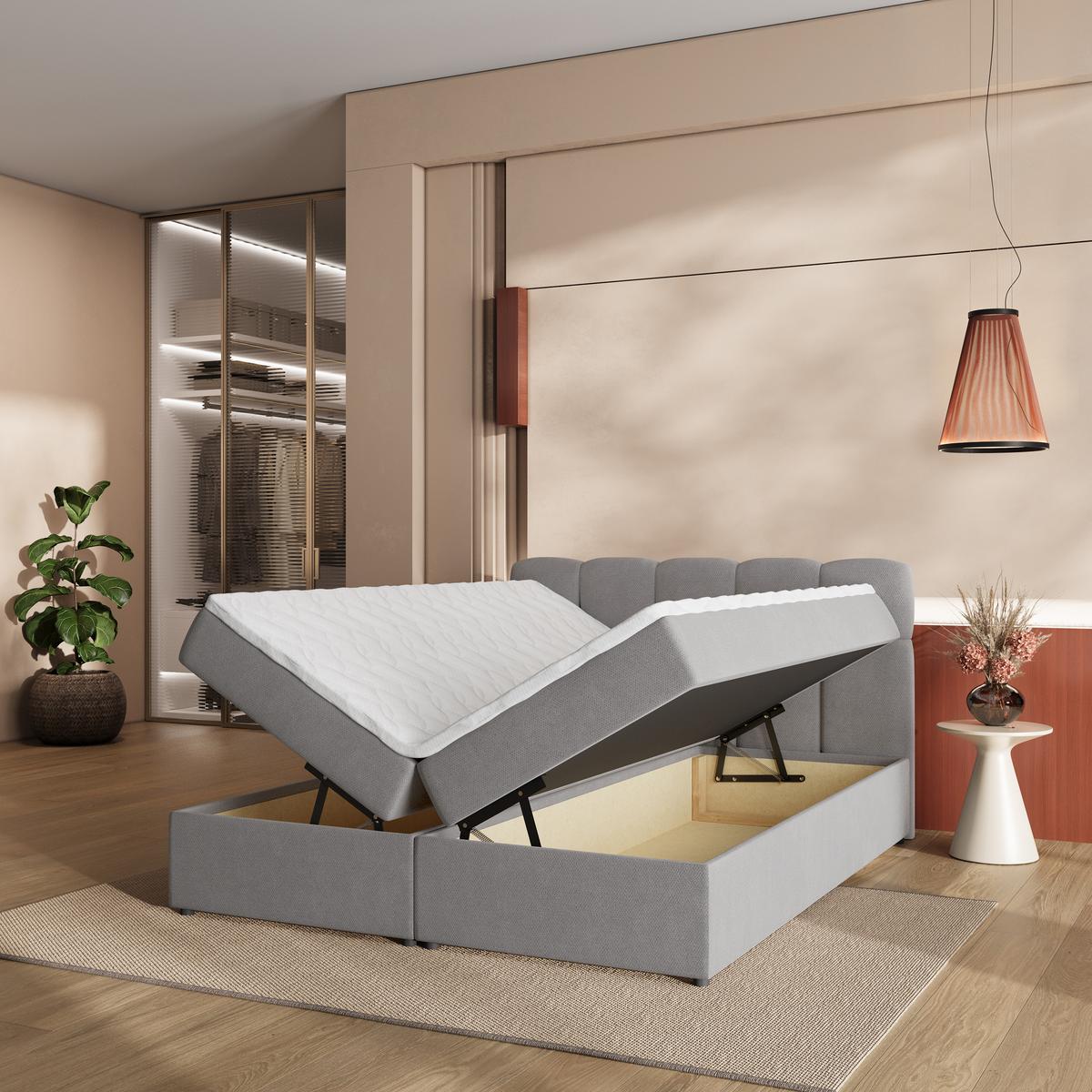 BOXBETT MERU 160x200 cm mit Matratze und Topper - Grau - Grau, Holz (160/200cm) - MASSENO