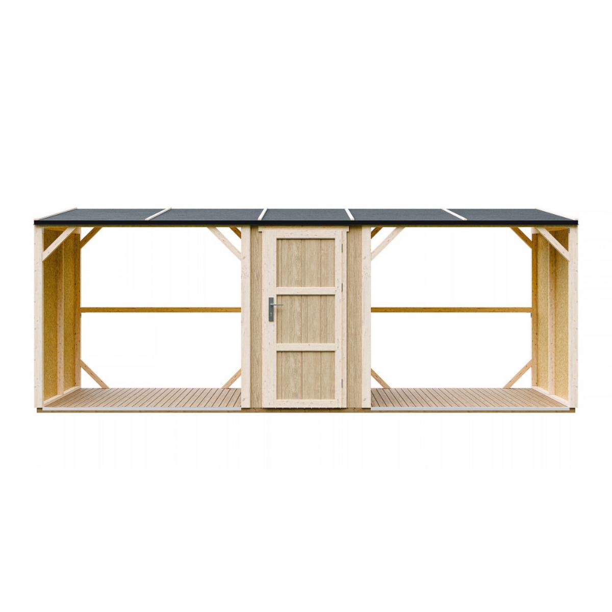 BRENNHOLZLAGER doppelt mit Geräteraum 6,49 m², zwei Brennholzbereiche mit insgesamt ~8,8 m³ Fassungsvermögen - Naturfarben, Holz (118/220/550cm) - Timbela