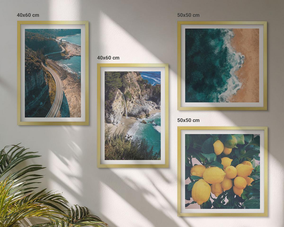 BILDER SET 4er Set - 50x50 cm & 40x60 cm Goldrahmen - Meerstrand Zitronen Berge - Goldfarben, Kunststoff (50/50cm) - TULUP