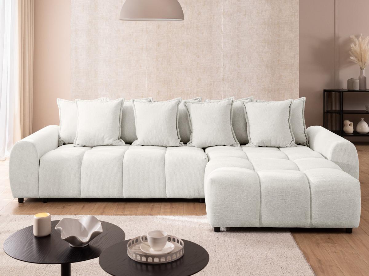 ECKSOFA Bubble mit losen Rückenkissen und Sitzfläche in Bubble-Optik aus weichem Creme Strukturstoff mit schöner Sitzkomfort - Ottomane rechts - Creme/Schwarz, Holz/Kunststoff (306/180cm) - S-Style Möbel