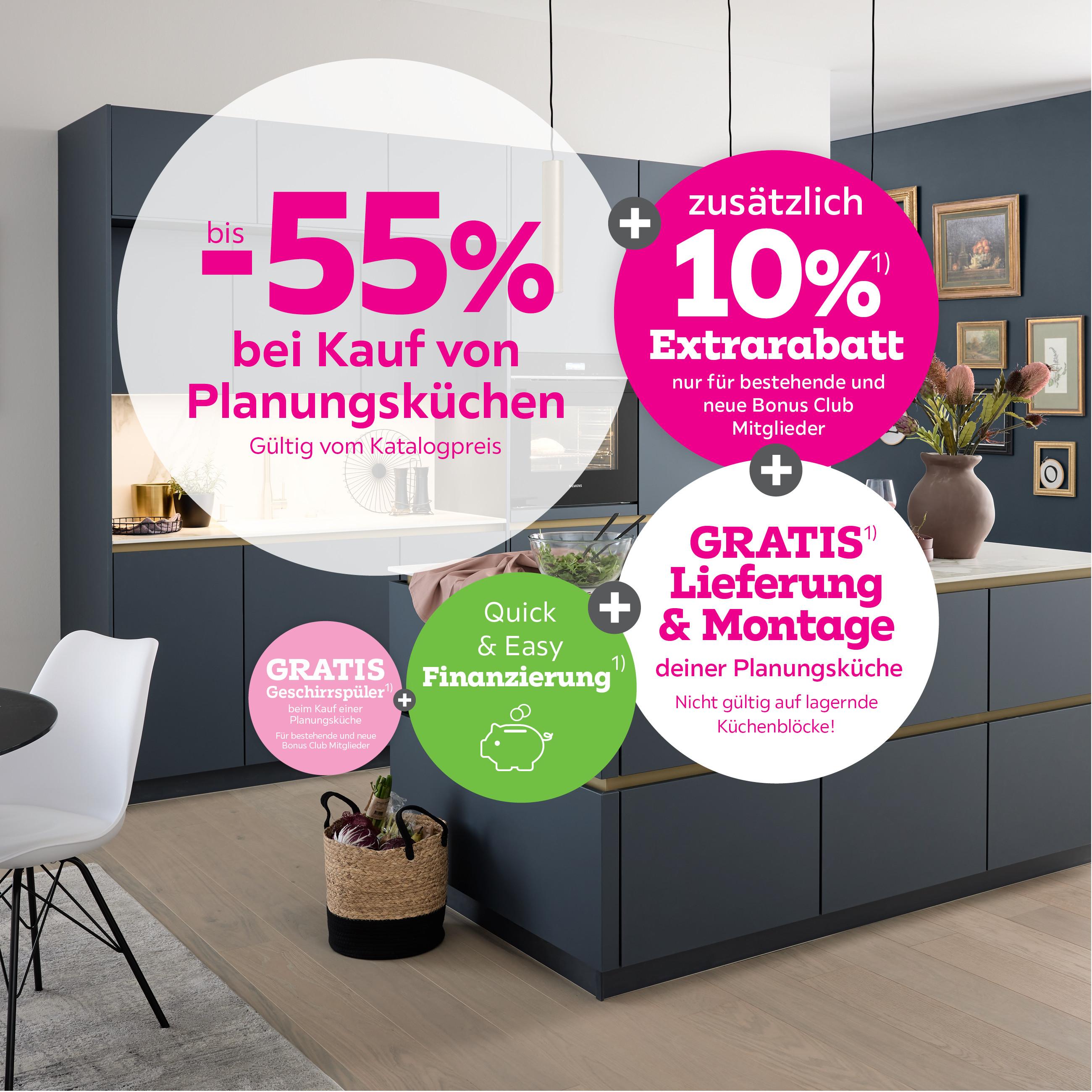 -55% bei Kauf von Planungsküchen + 10% Extrarabatt