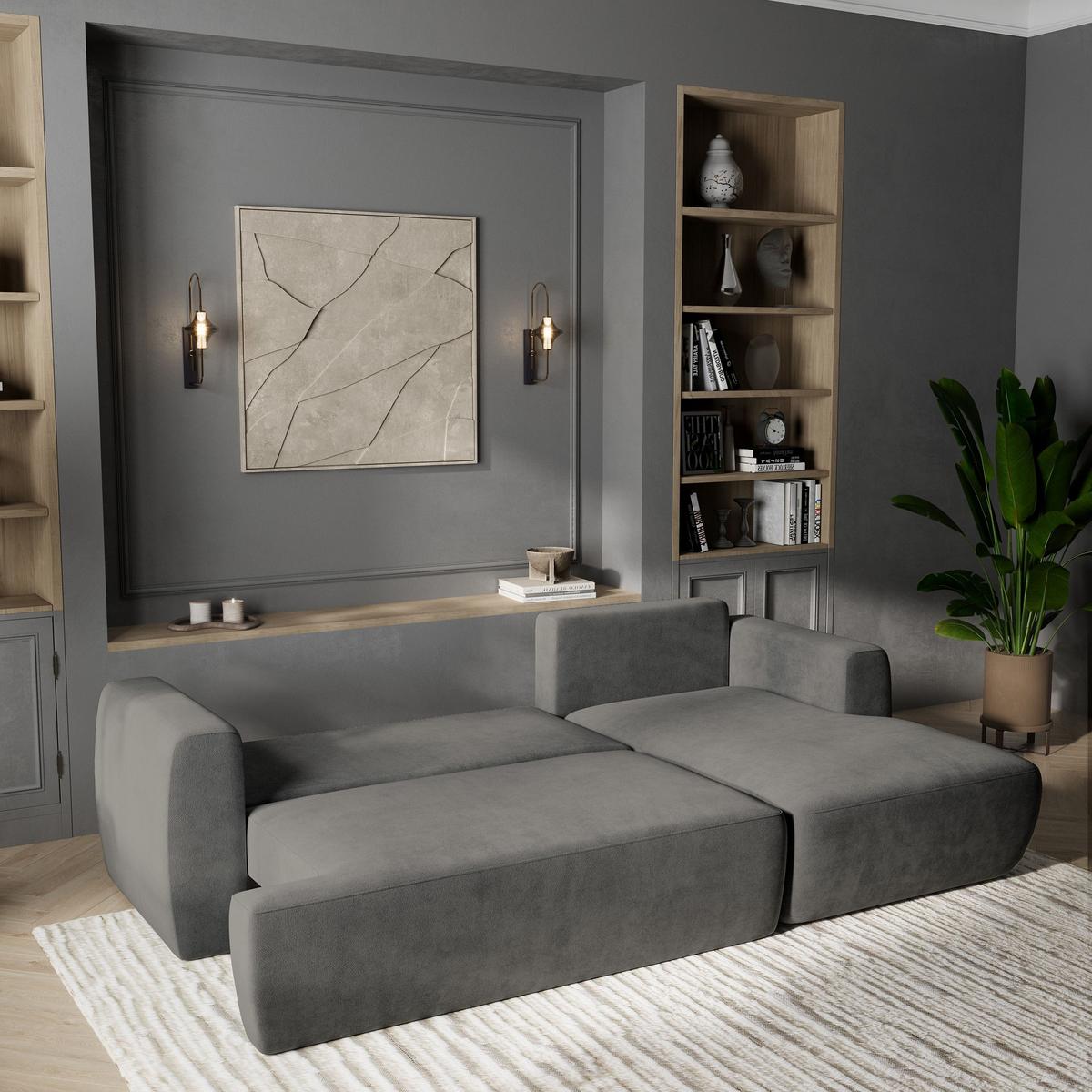 ECKSOFA SENTI K R-S Grau Plüsch-Stoff mit Schlaffunktion - Schwarz/Grau, Holz/Kunststoff (246/148cm) - MASSENO