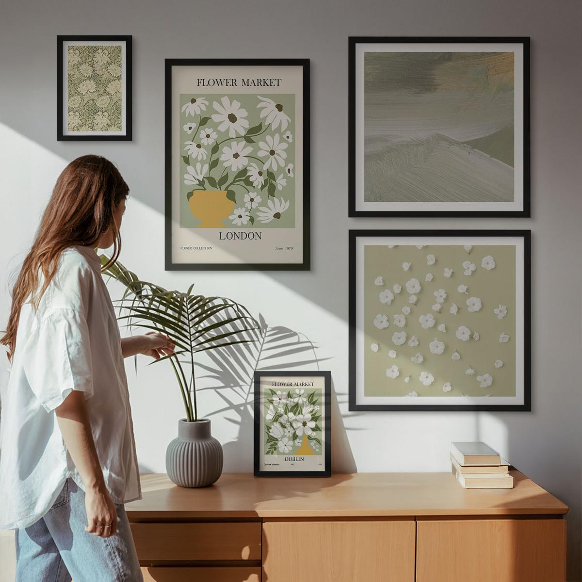 BILDER SET 5er Set - 50x50 cm & 20x30 cm & 40x60 cm Schwarzer Rahmen - Florale Abstraktionen im Boho-Stil - Schwarz, Kunststoff (40/60cm) - TULUP