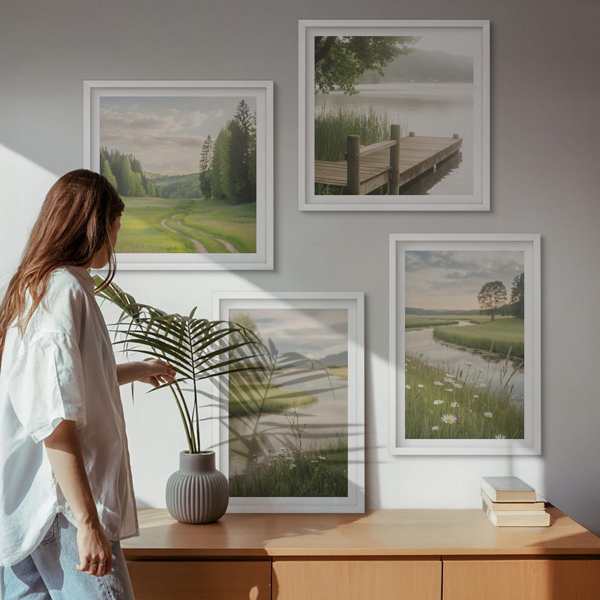 BILDER SET 4er Set - 50x50 cm & 40x60 cm Weißer Rahmen - Sommerlandschaften Flusswiese - Weiß, Kunststoff (50/50cm) - TULUP
