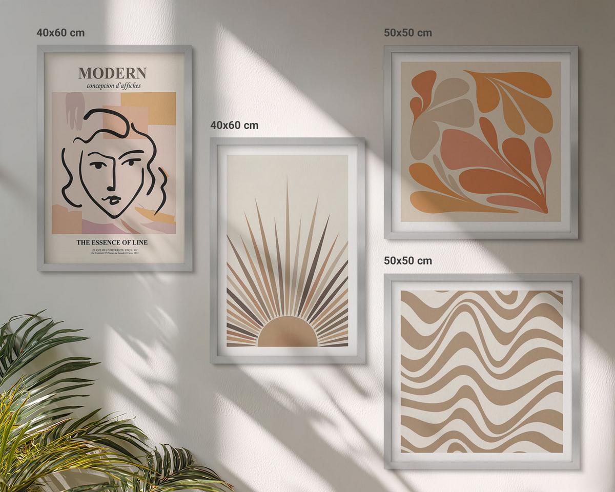 BILDER SET 4er Set - 50x50 cm & 40x60 cm Silberner Rahmen - Sonnen-Boho-Pastelltönen - Silberfarben, Kunststoff (50/50cm) - TULUP