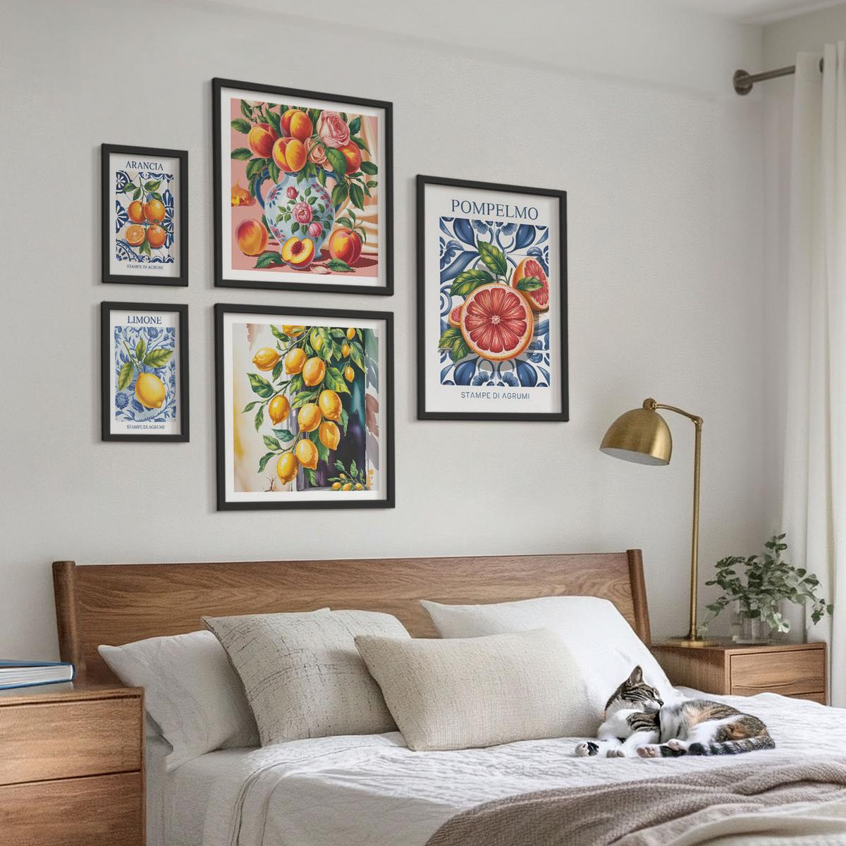 BILDER SET 5er Set - 50x50 cm & 20x30 cm & 40x60 cm Schwarzer Rahmen - Illustrationen von Zitrusfrüchten - Schwarz, Kunststoff (40/60cm) - TULUP