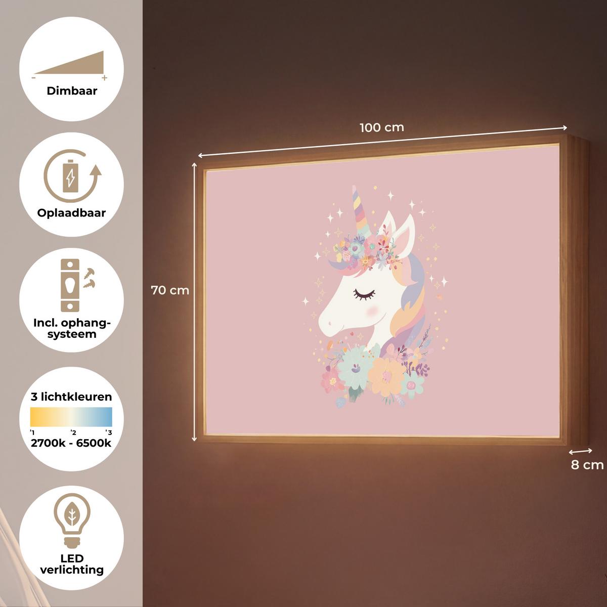 WANDLEUCHTE MIT AKKU Einhorn - Rosa - Blumen 100x70 cm - Rosa, Holzwerkstoff (100/70/8cm) - OnlyWow