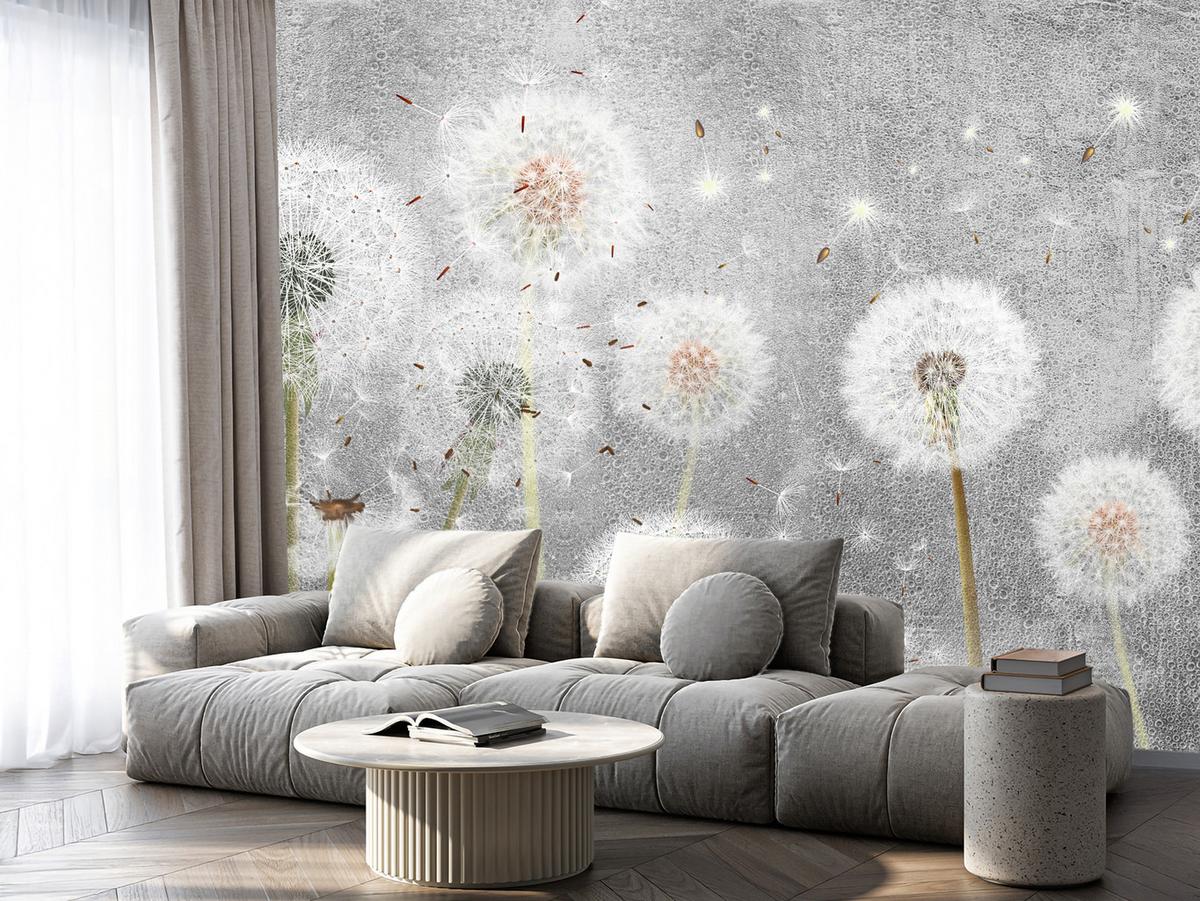FOTOTAPETE für Schlafzimmer Retro Löwenzahn Beton Minimalistisch 250x175 - Gelb/Weiß, Papier (250/175cm) - Muralo