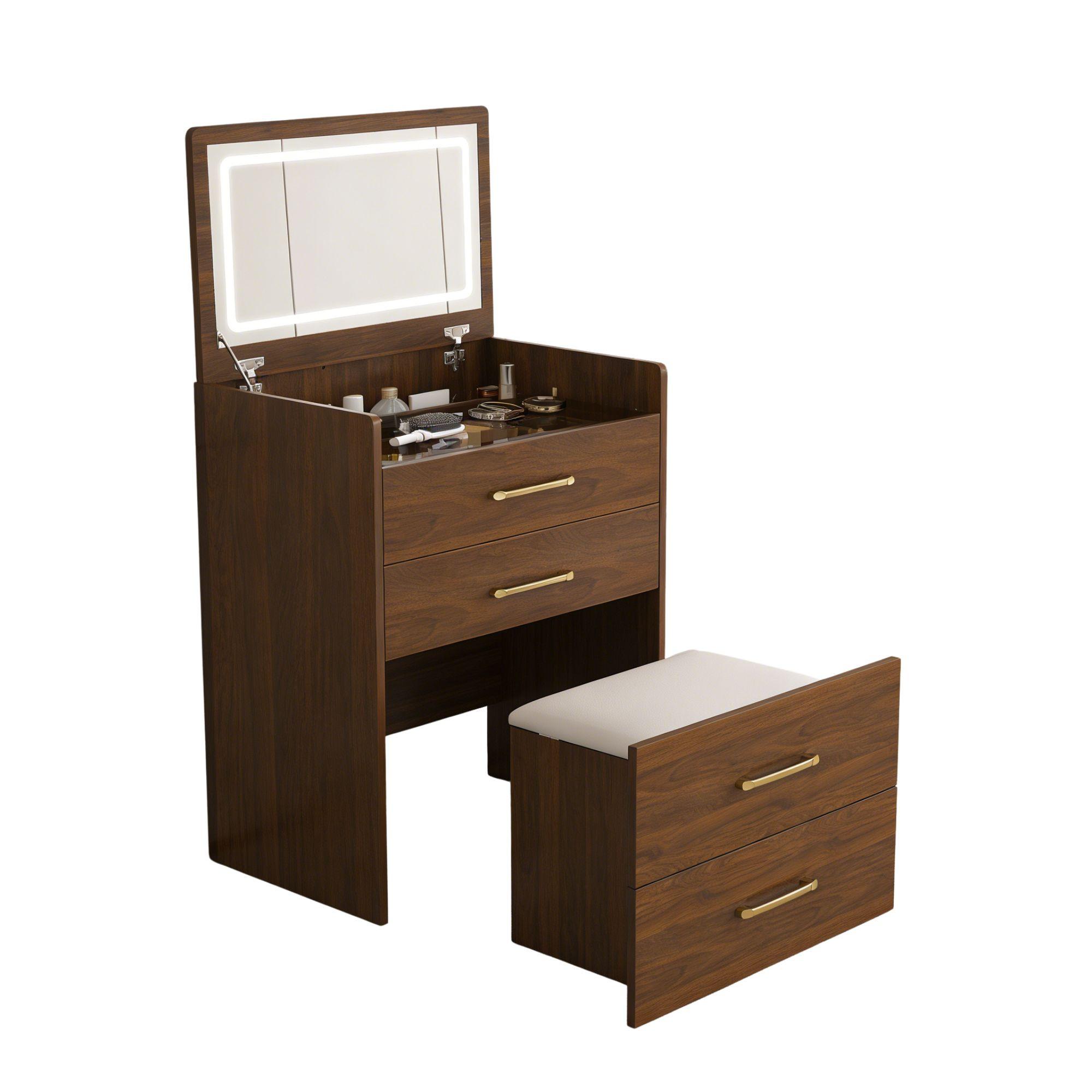 SCHMINKTISCH 3-in-1 Set Walnuss-Optik & Glas mit LED-Klappspiegel & Hocker - Walnussfarben, Holzwerkstoff (60/118/40cm) - Urban Meuble