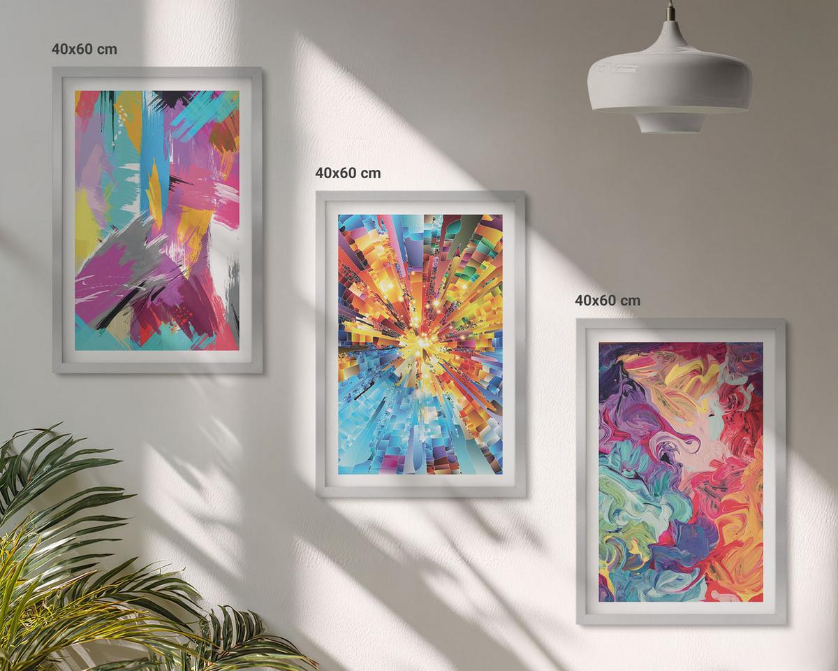 BILDER SET 3er Set - 40x60 cm Silberner Rahmen - Bunte abstrakte Farbmuster - Silberfarben, Kunststoff (40/60cm) - TULUP