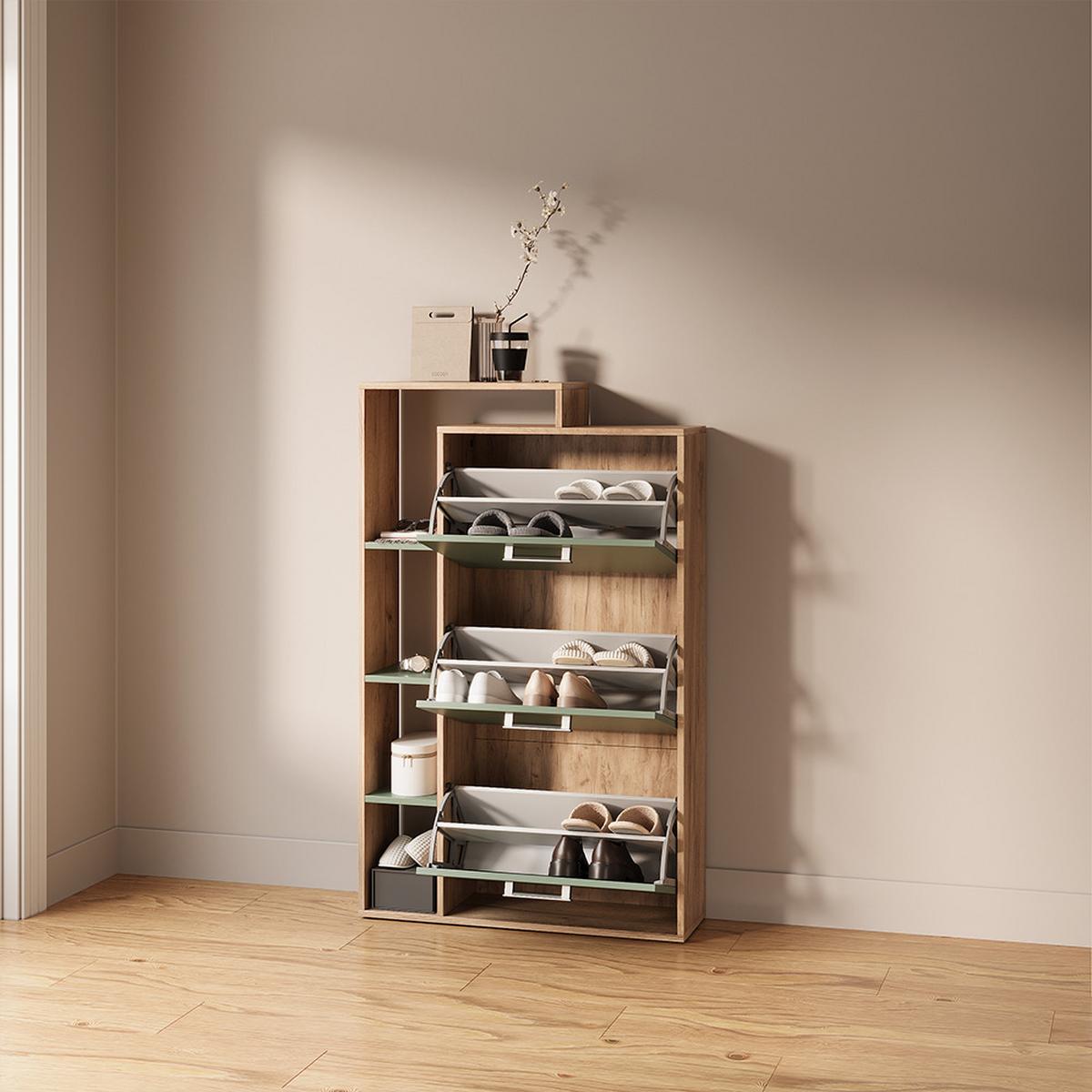 SCHUHKIPPER Ortello Goldkraft Eiche/Grün 80 x 128.3 cm mit 3 Fächern - Honigeiche/Grün, Holzwerkstoff (80/128.3/24.2cm) - Livinity®