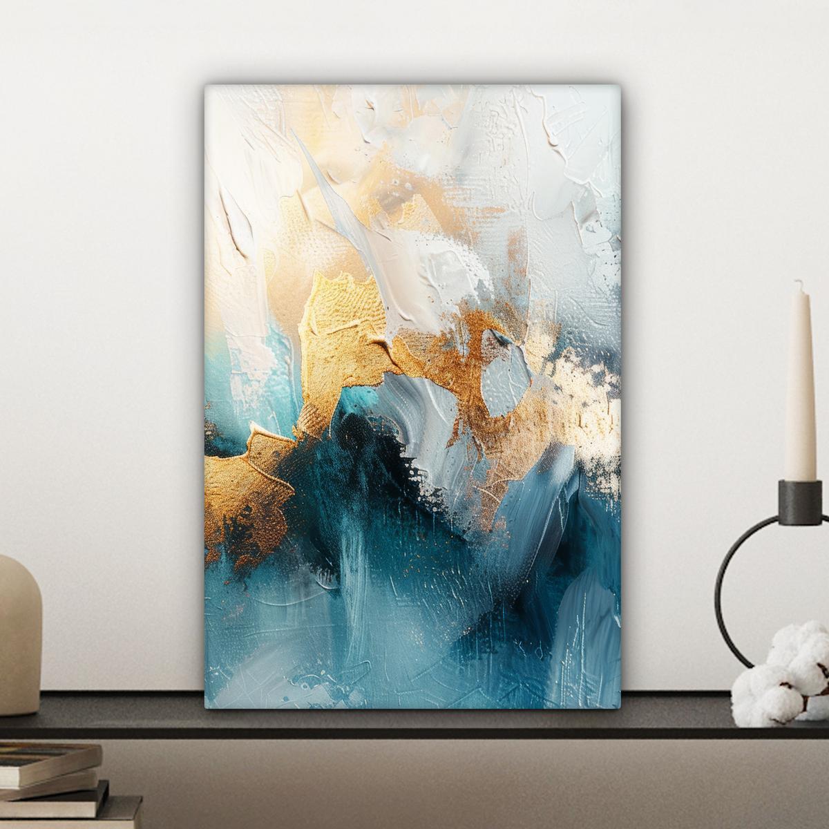 LEINWANDBILD Abstrakt - Kunst - Gold - Blau Deko Wohnzimmer 20x30 cm - Petrol, Textil (20/30cm) - MuchoWow