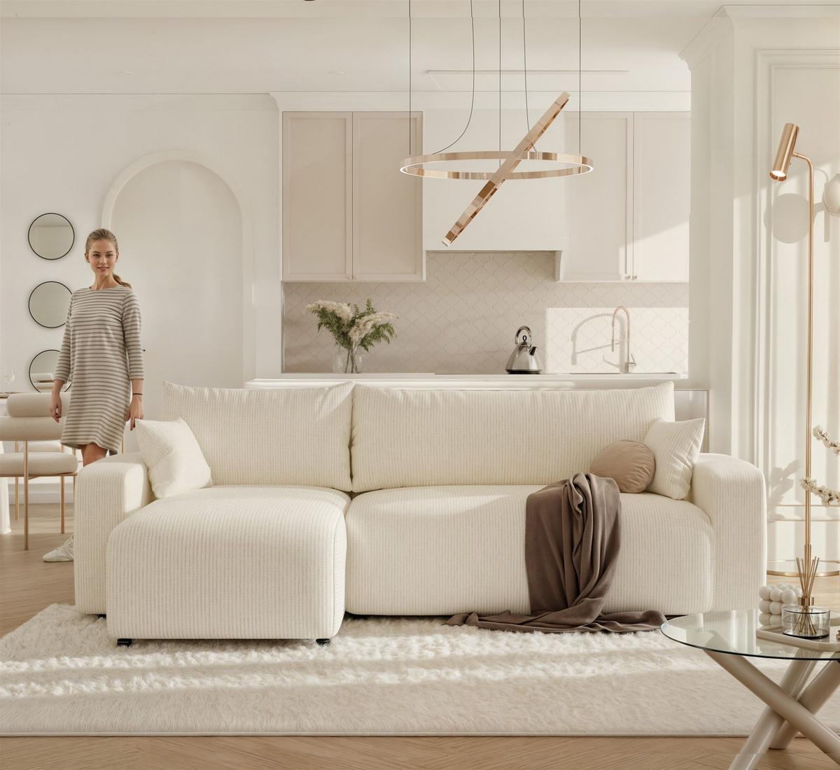 ECKSOFA Luna Mit Schlaffunktion - Creme, Holzwerkstoff/Textil (248/145cm) - Fun Möbel