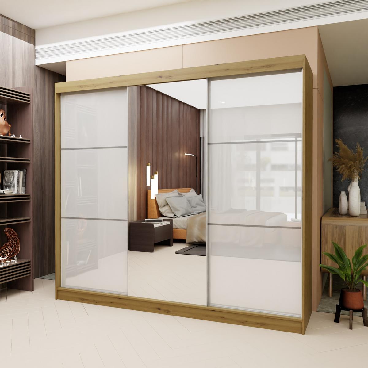 SCHWEBETÜRENSCHRANK VITALE 240/216/61 cm 3-türig mit Spiegel Eiche Artisan - Weiß/Eiche Artisan, Holzwerkstoff (240/216/61cm) - MASSENO