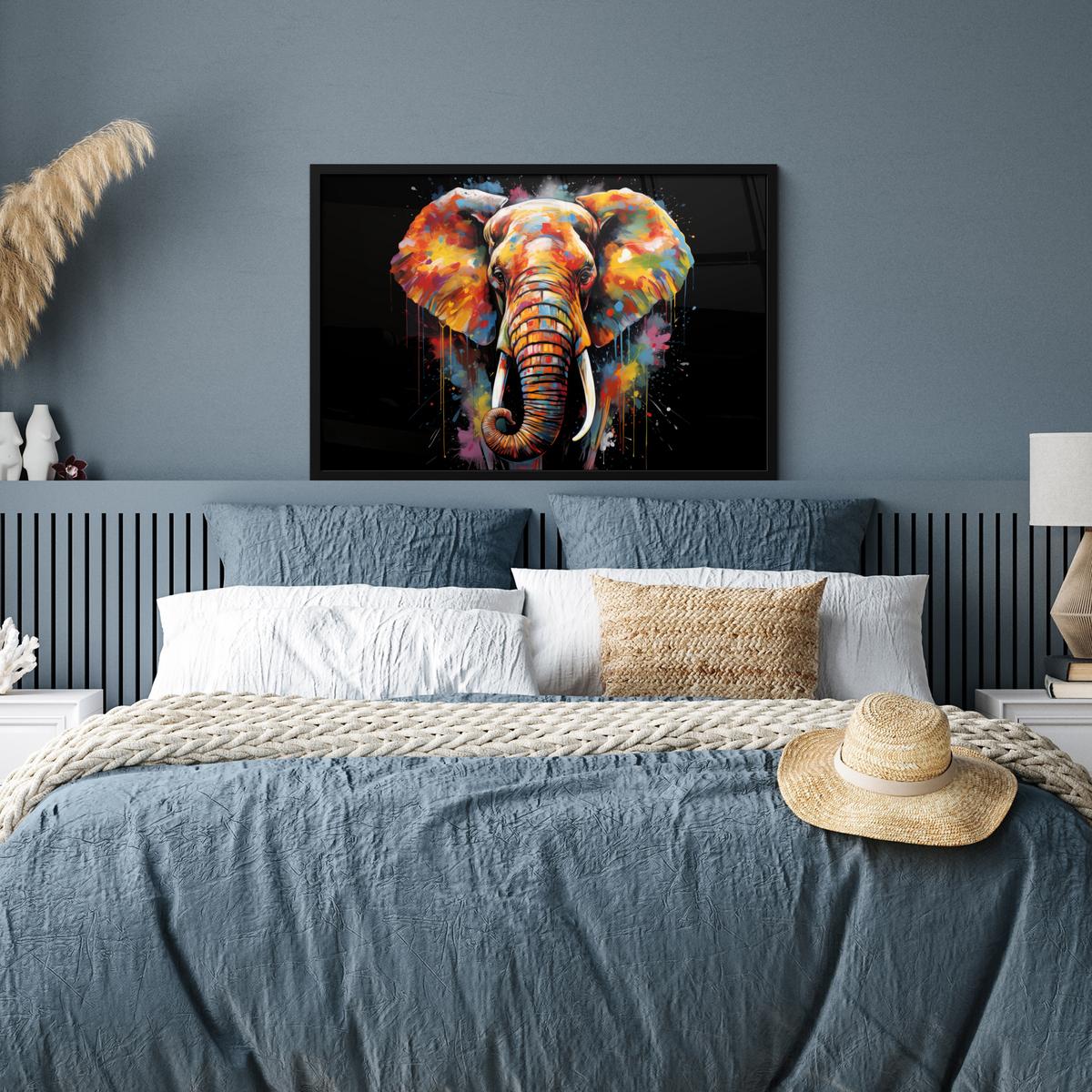 POSTER MIT RAHMENGERAHMTES BILD Elefant - Graffiti - Schwarz - Tiere - Farben 90x60 cm - Schwarz, Papier (90/60cm) - MuchoWow