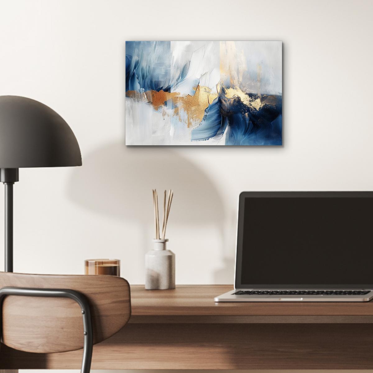 METALLBILD Gold - Blau - Aquarell - Kunst - Modern 30x20 cm - Hellblau, Metall (30/20cm) - MuchoWow
