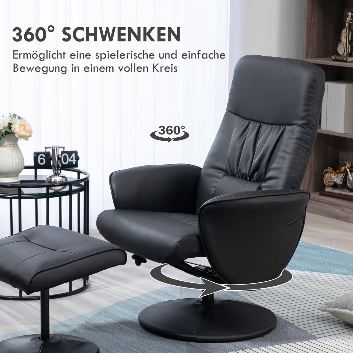 RELAXSESSEL mit Hocker, Fernsehsessel, TV Sessel mit Liegefunktion, Kunstleder - Schwarz, Metall (76/101/81cm) - HOMCOM