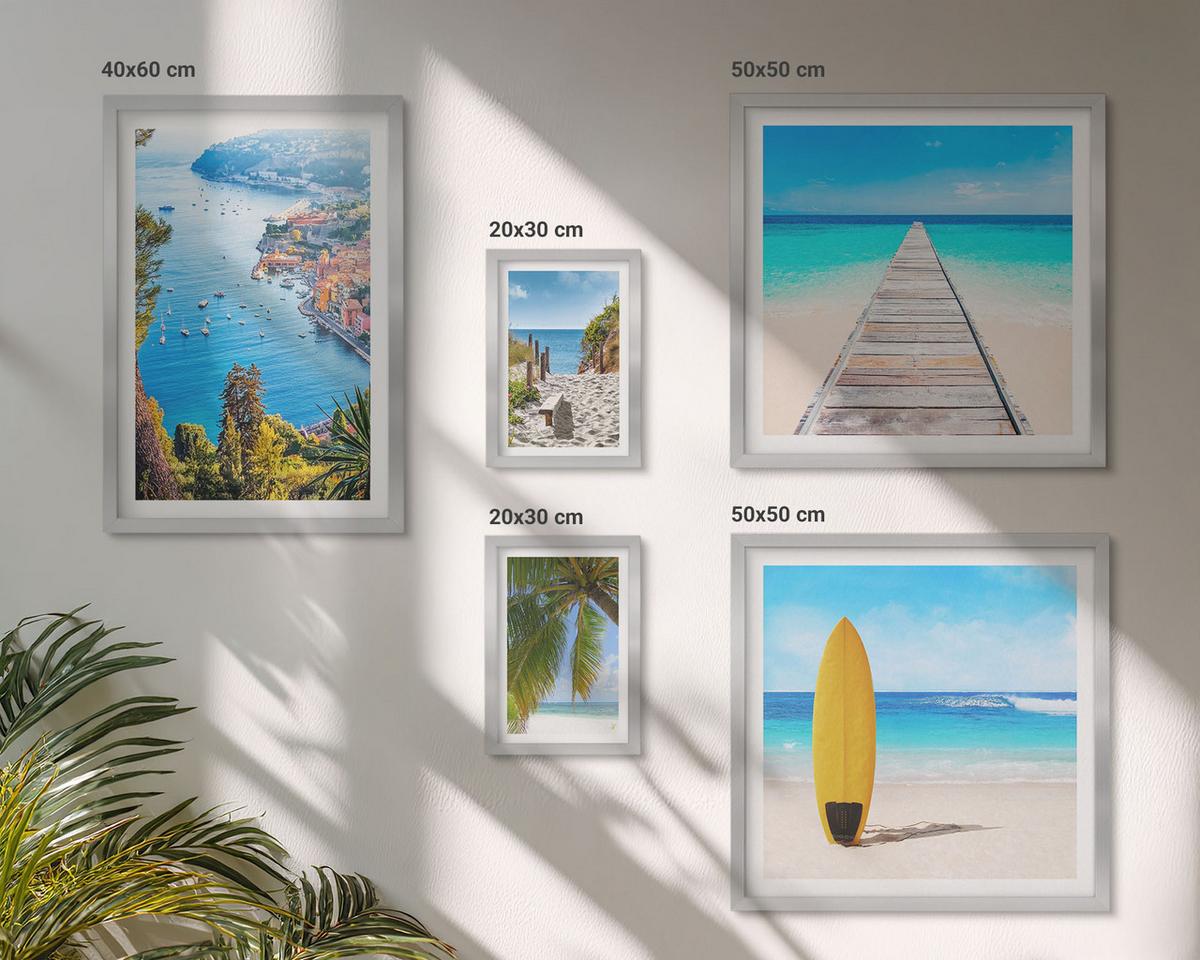 BILDER SET 5er Set - 50x50 cm & 20x30 cm & 40x60 cm Silberner Rahmen - Urlaubsblick Strand Palmen - Silberfarben, Kunststoff (40/60cm) - TULUP