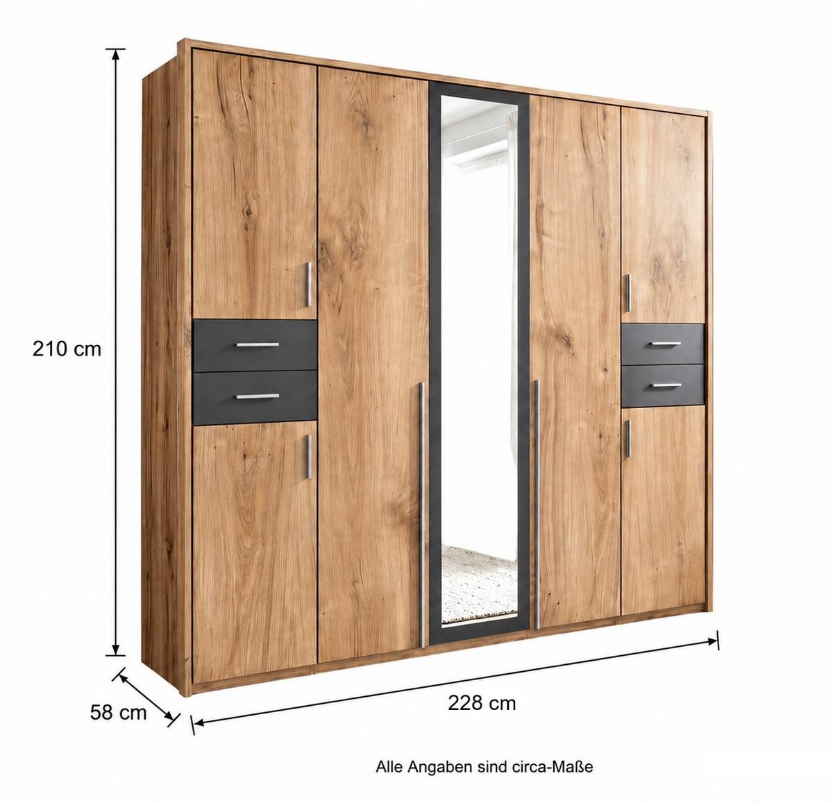 DREHTÜRENSCHRANK B228/H210/T58 cm in Eiche Dekor mit Absetzungen in Grafit, Kleiderschrank mit Passepartout & 1 Spiegeltür & Schubkästen / 22570 - Eichefarben/Silberfarben, Holzwerkstoff/Kunststoff (228/210/58cm) - luma-home