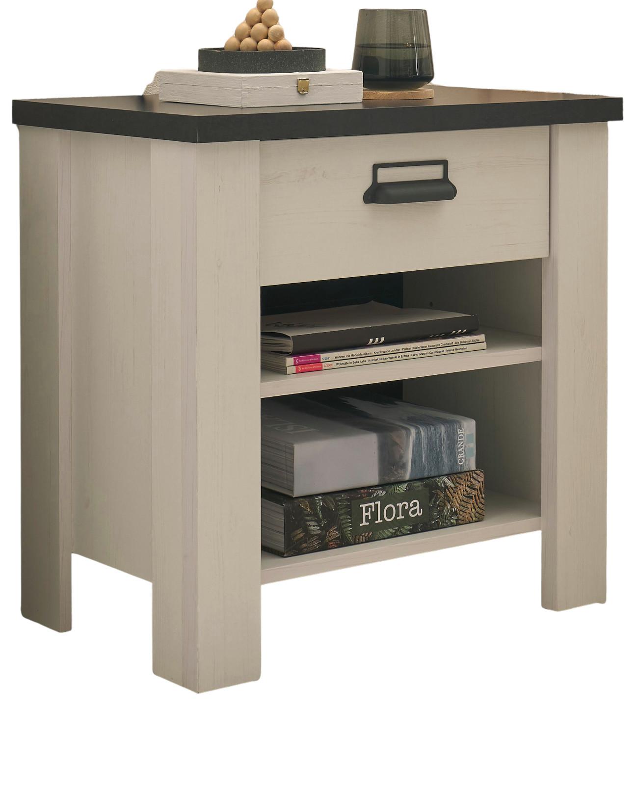 NACHTTISCH weiß Pinie, anthrazit, Landhaus Nachtkommode mit Schubkasten in Komforthöhe - Anthrazit/Weiß, Holzwerkstoff/Metall (60/61/39cm) - Furn.Design