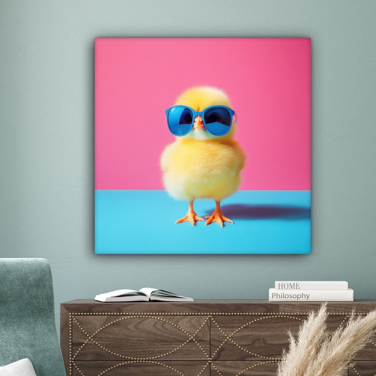 LEINWANDBILD Chick - Sonnenbrille - Blau Deko Groß 90x90 cm - Pink/Gelb, Textil (90/90cm) - MuchoWow
