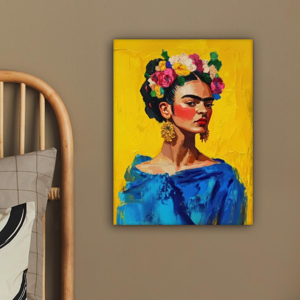 LEINWANDBILD Frida Kahlo - Frau - Gelb - Blau - Blumen Room Decor 30x40 cm - Gelb, Textil (30/40cm) - MuchoWow