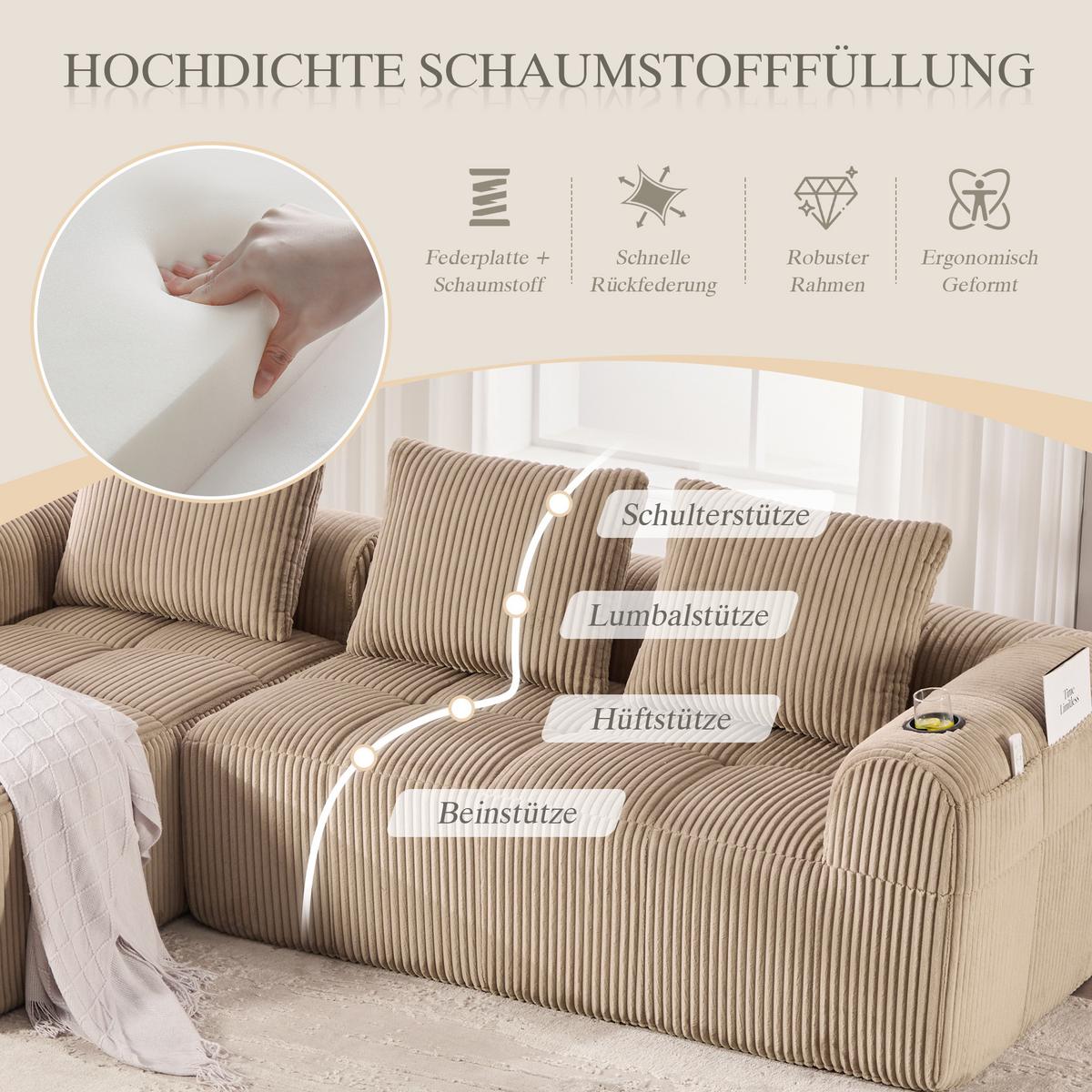 ECKSOFA 3-Sitzer mit Getränkehalter, Seitentaschen & 3 Kissen - Taupe, Textil (253/158cm) - Urban Meuble
