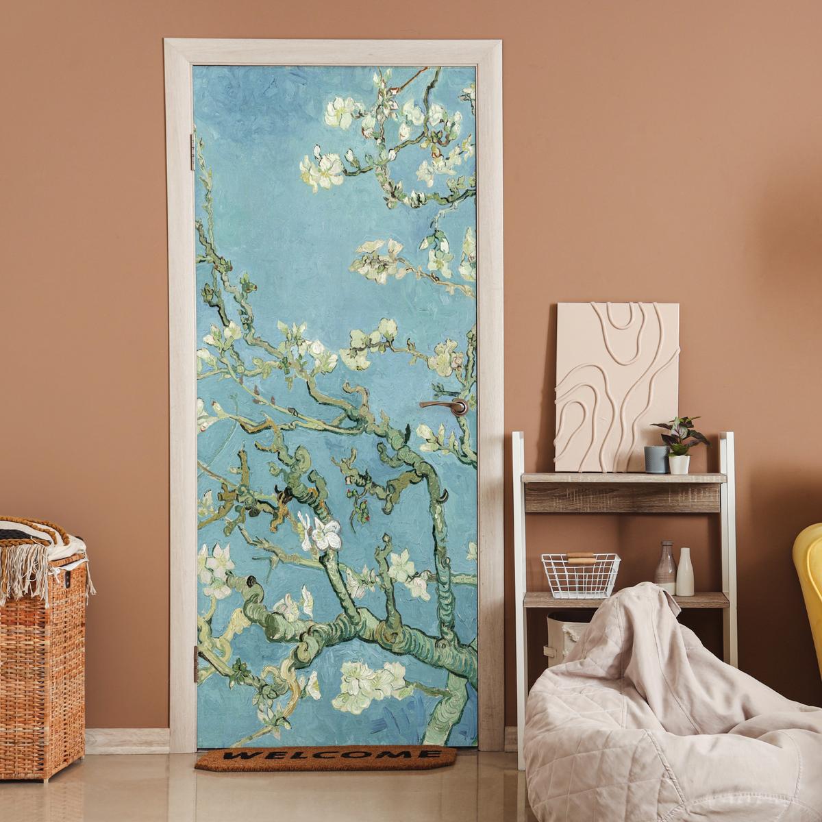 TÜRAUFKLEBER Mandelblüte - Van Gogh - Kunst 90x215 cm - Türtapete - Pastellblau, Kunststoff (90/0.1cm) - MuchoWow