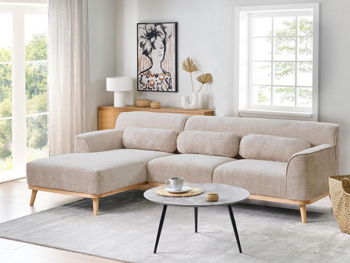 ECKSOFA 3-Sitzer Chenillegewebe Beige rechtsseitig Simos - Beige, Textil (264/82cm) - Beliani
