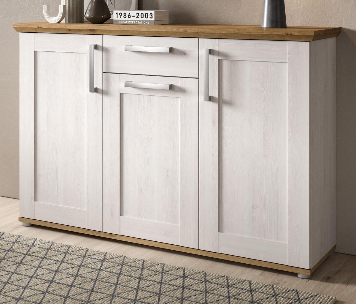 SIDEBOARD weiß Lärche, Eiche Artisan 137 cm, Kommode im Landhaus-Stil - Silberfarben/Weiß, Holzwerkstoff/Kunststoff (137/92/39cm) - Inn.Furn