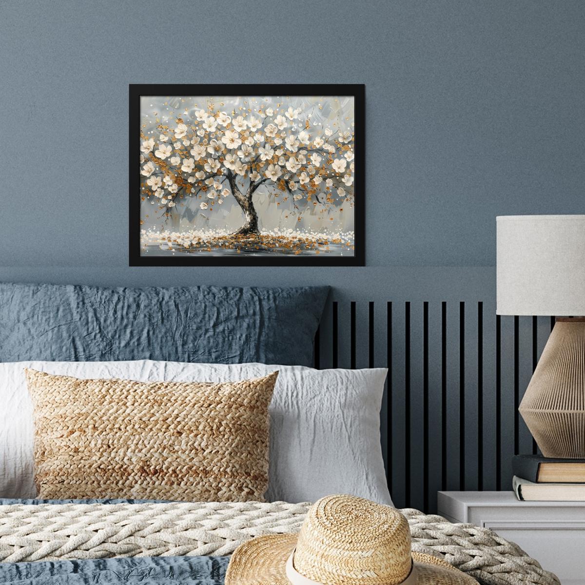 POSTER MIT RAHMENGERAHMTES BILD Baum - Blumen - Weiß - Natur - Kunst 40x30 cm - Weiß, Papier (40/30cm) - MuchoWow