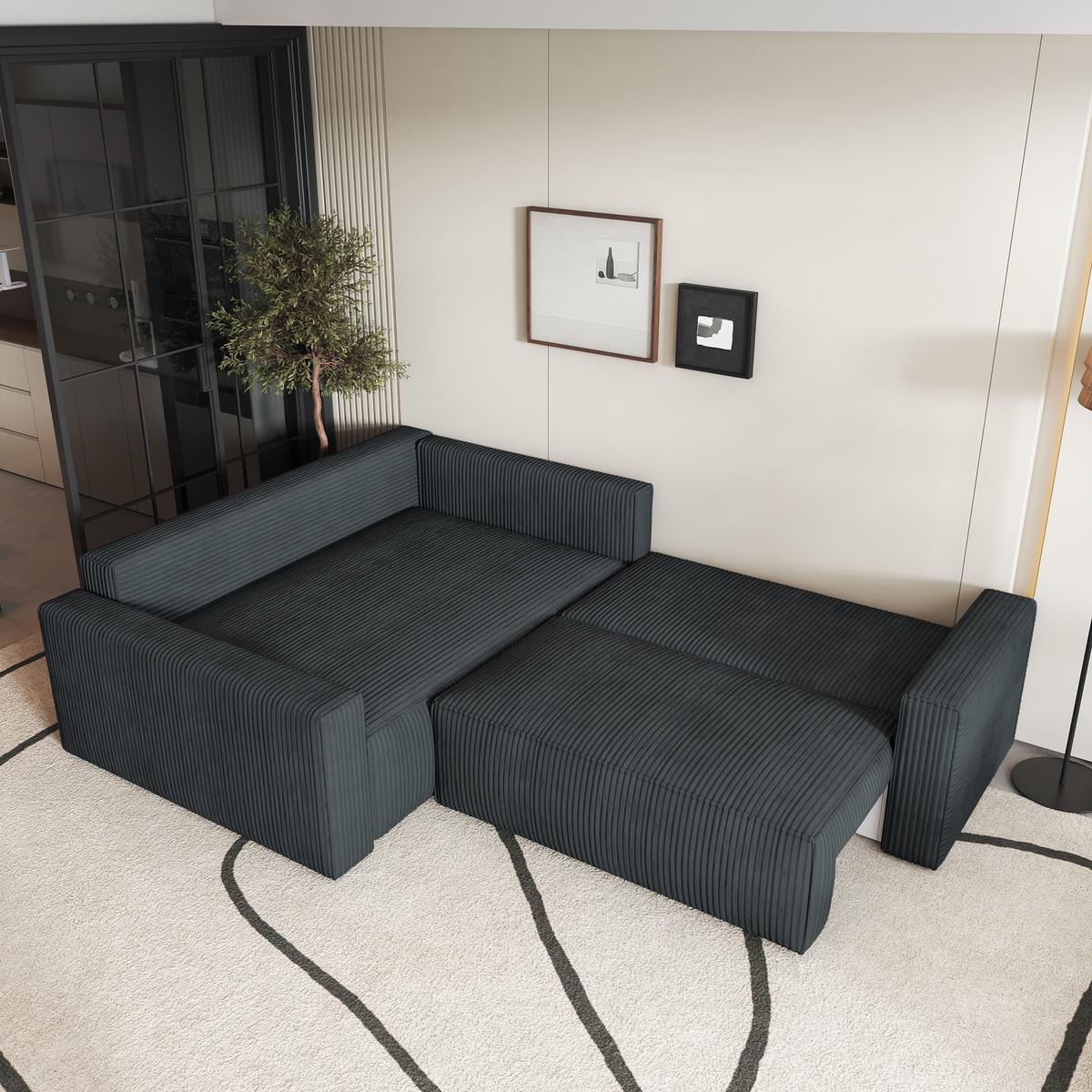 ECKSOFA ERONIS L-S Graphitfarben Kordstoff mit Schlaffunktion - Graphitfarben, Holz (265/194cm) - MASSENO