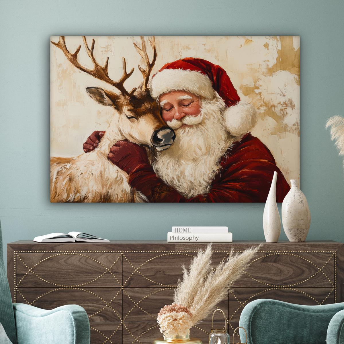 LEINWANDBILD Weihnachtsmann - Rentier - Weihnachten XXL 150x100 cm - Rotbraun, Textil (150/100cm) - MuchoWow