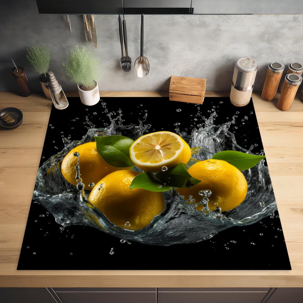 HERDABDECKPLATTE Zitrone - Obst - Gelb - Schwarz Induktionsmatte 78x78 cm - Gelb, Kunststoff (78/78/0.2cm) - MuchoWow