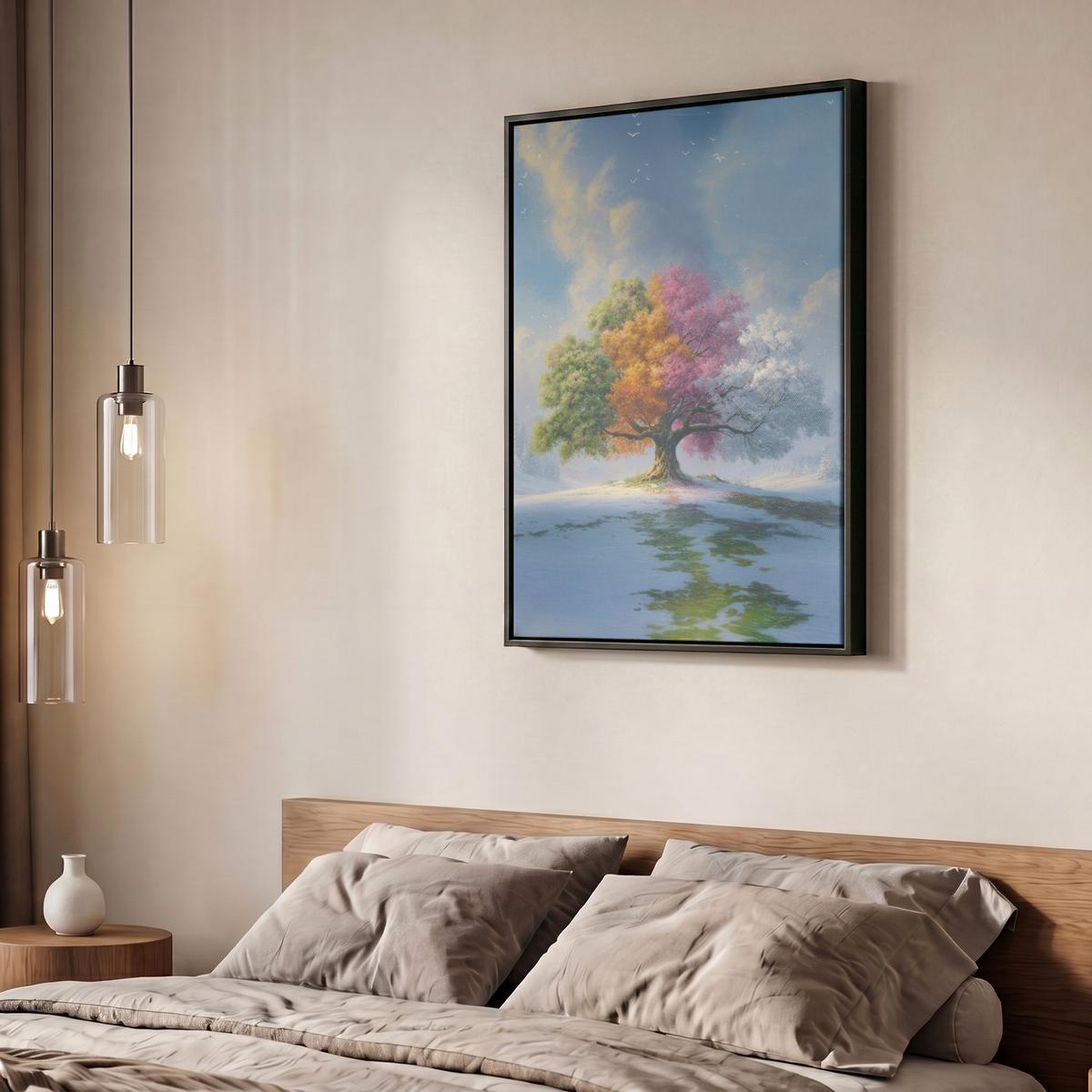 LEINWAND Bilder mit Rahmen - Baum - Jahreszeiten - Winter - Landschaft - 60x80 - Multicolor, Textil (60/80cm) - MuchoWow