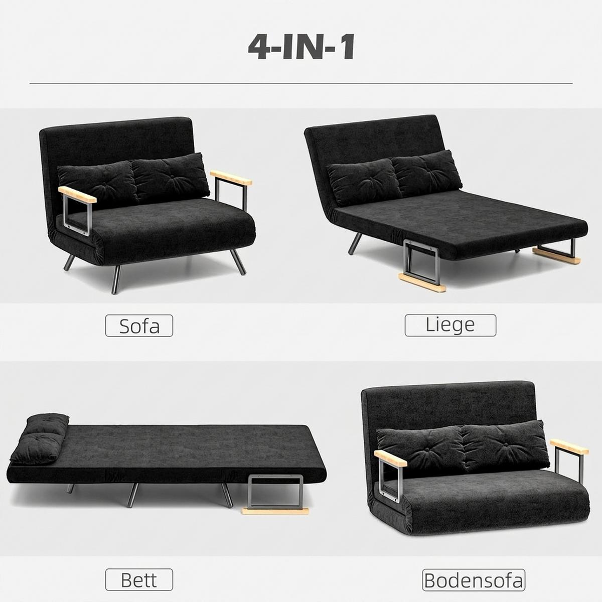 SCHLAFSOFA, Zweisitzer mit Bettfunktion, Schlafcouch mit Samtoptik, Rückenkissen - Schwarz/Naturfarben, Holz/Textil (73/81/102cm) - HOMCOM