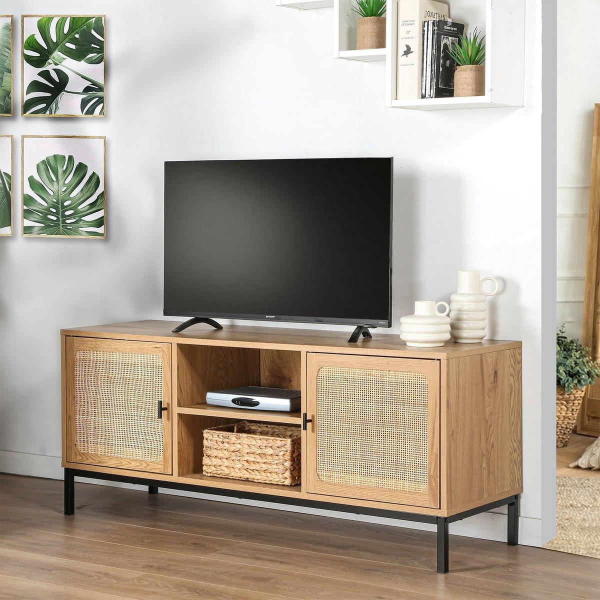 TV-MÖBEL mit 2 Türen, Rattangeflecht und 2 Ablagen - L120cm - Eschefarben, Holzwerkstoff (39/51/45cm) - Calicosy