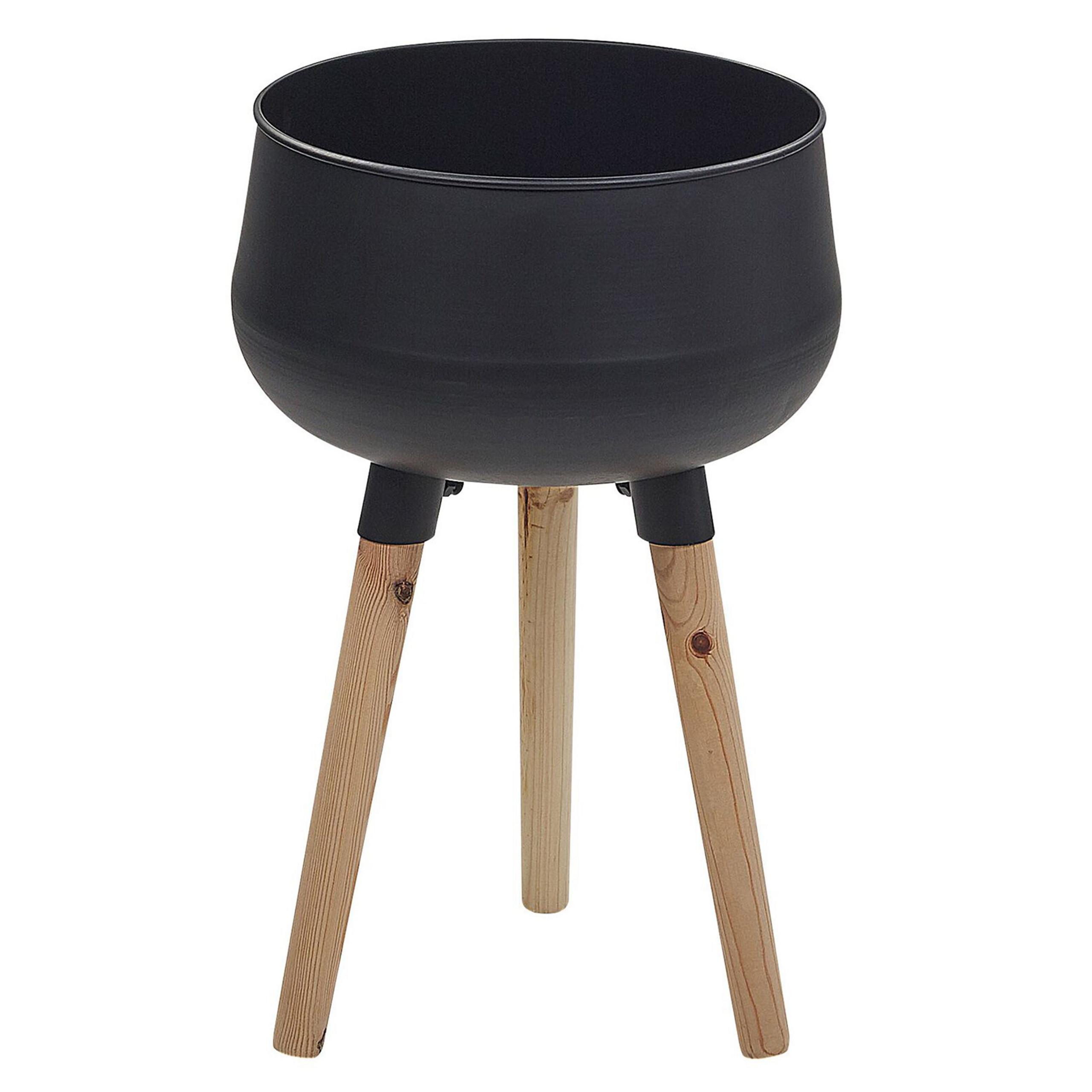 PFLANZENSTÄNDER Metall schwarz mit Holzbeinen 47 cm Agros - Hellbraun/Schwarz, Metall (47cm) - Beliani