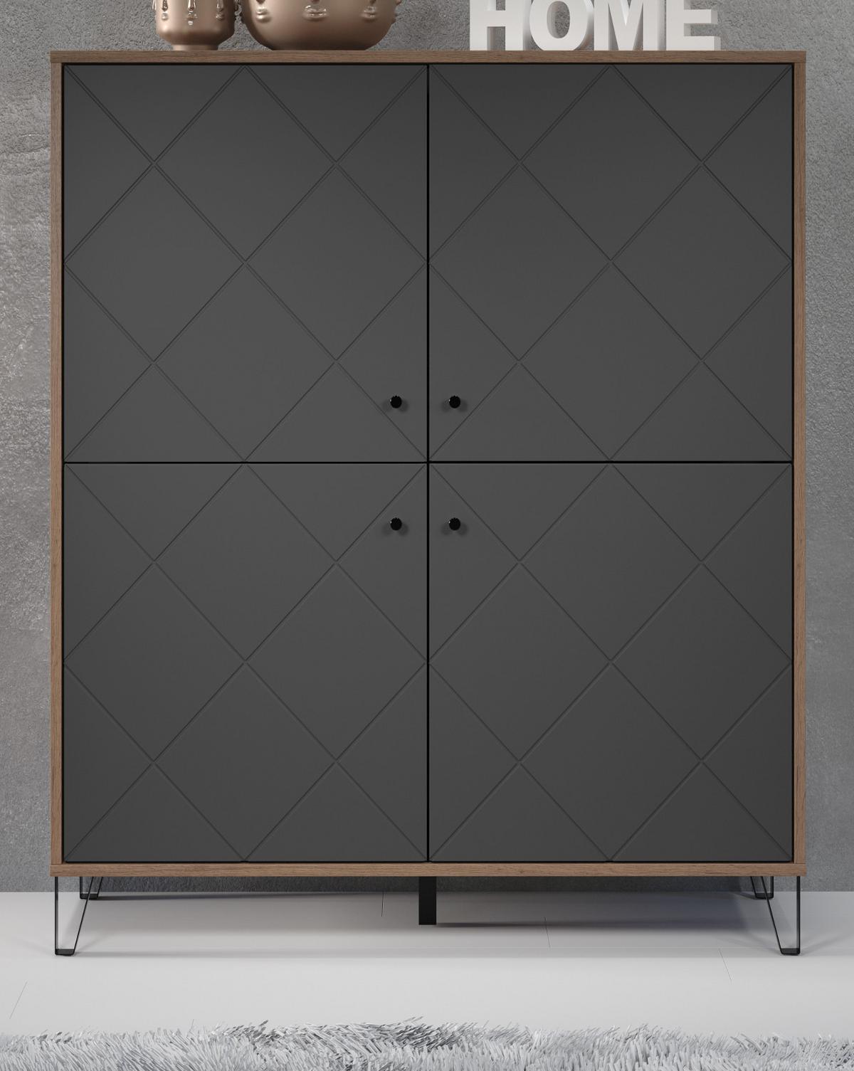 HIGHBOARD Graphite grau, Eiche Kraft Gold 123 x 136 cm, Kommode für Wohn- und Esszimmer - Eichefarben/Schwarz, Holzwerkstoff/Kunststoff (123/136/40cm) - Top.Furn