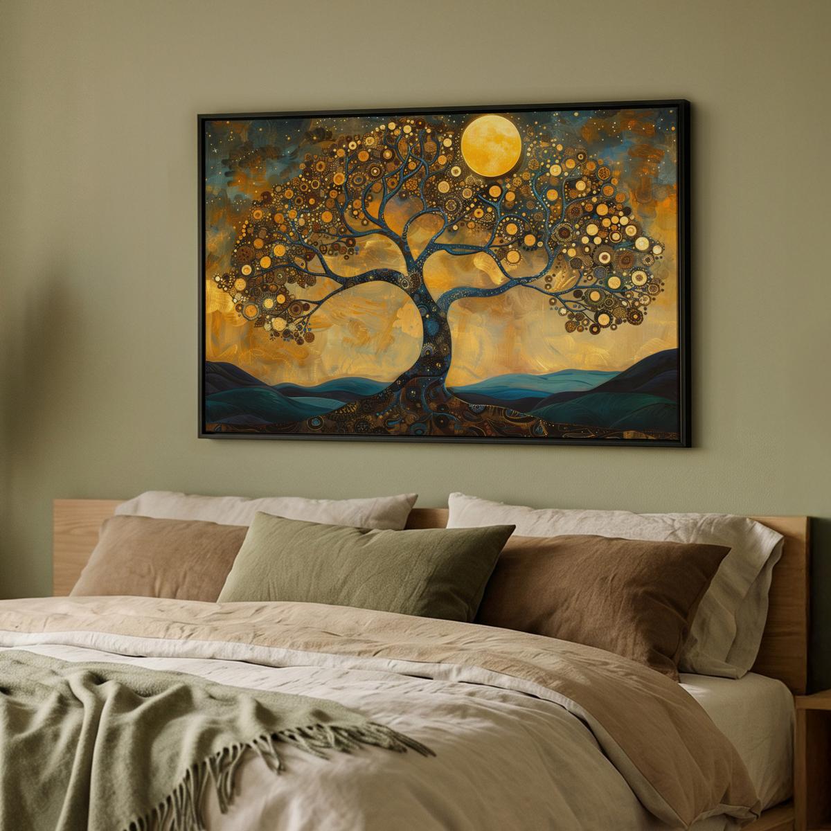 LEINWAND Bilder mit Rahmen - Baum - Mond - Blumen - Gold - Kunst - 90x60 - Orange, Textil (90/60cm) - MuchoWow