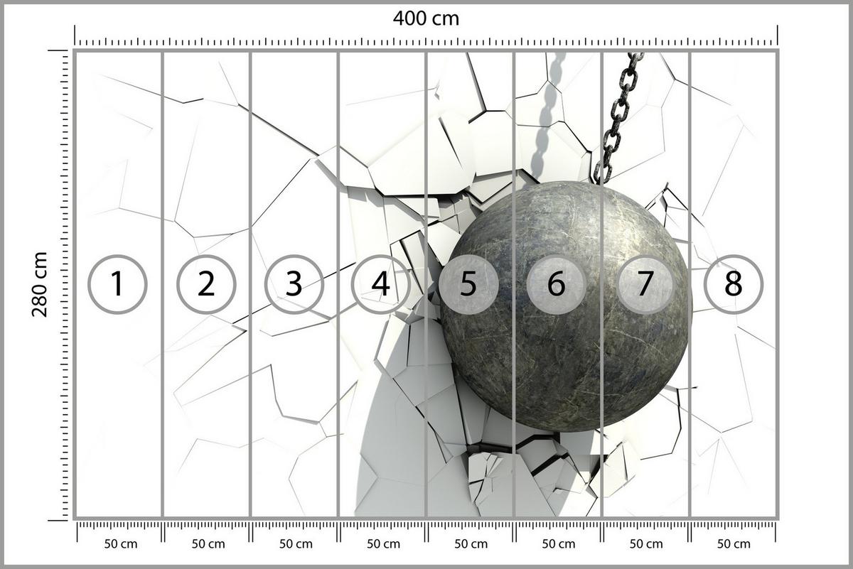 FOTOTAPETE für Büro Metallkugel Riss Weiße Wand 400x280 - Weiß/Grau, Papier (400/280cm) - Muralo