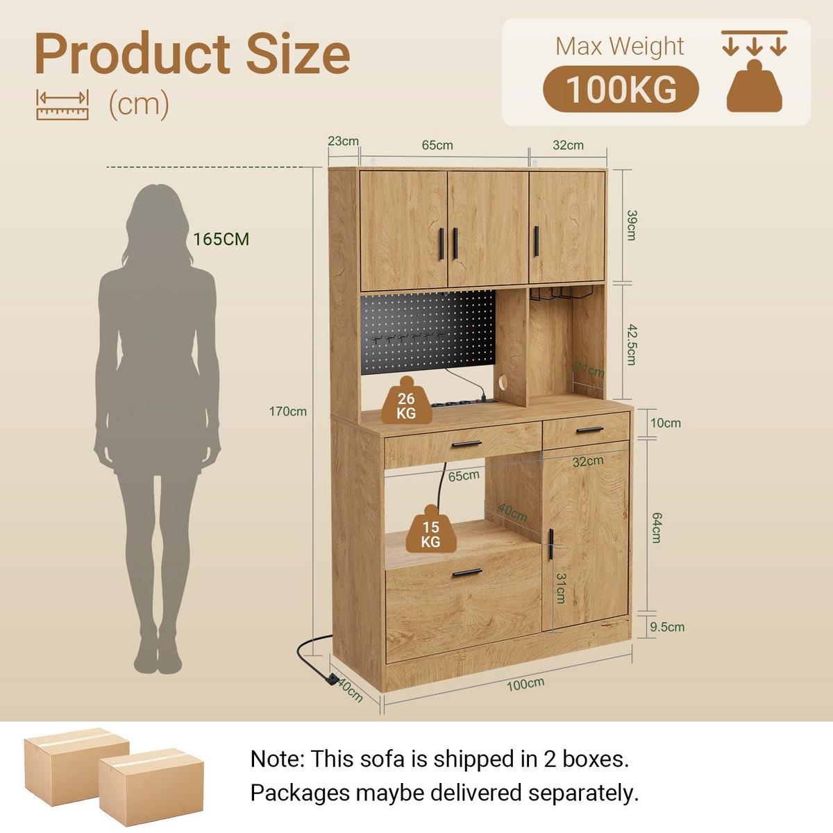 KÜCHENHOCHSCHRANK mit Aufbewahrung und Steckdosen FSB98-L-E-N - Naturfarben, Holzwerkstoff (100/170/40cm) - SoBuy